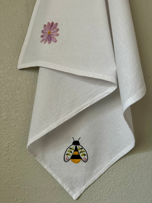 Hand Embroidered Tea Towel :  Daisy & Bee