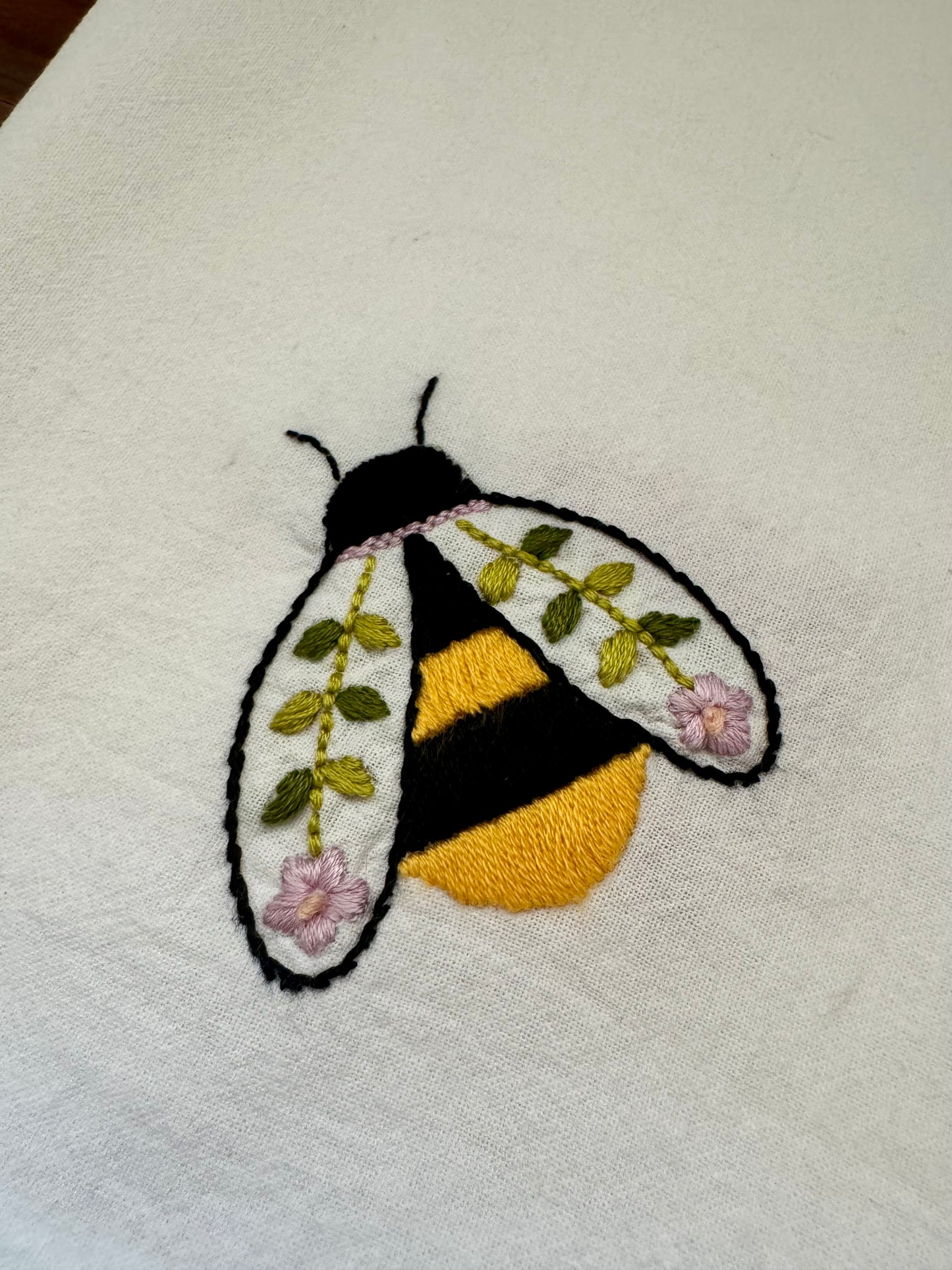 Hand Embroidered Tea Towel :  Daisy & Bee