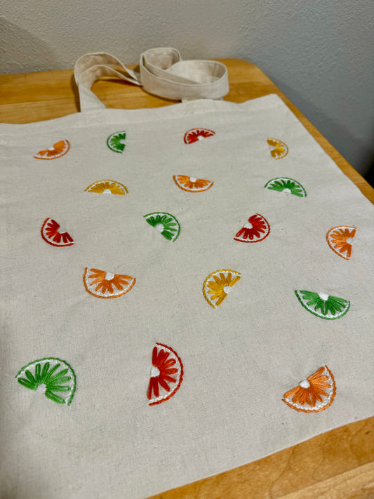 Hand Embroidered Tote Bag - Citrus Wedge